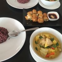 Pineapple and green curry, spring rolls at 108 Vegetarian Cuisine in Phuket