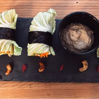 vegan spring-rolls with veggies wrapped in cabbage leaves & nori with a nice and spicy sauce for dipping. DEE-lish! at Zest for Life in Amsterdam