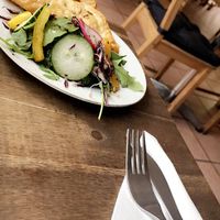 some kind of beaked good with filling and some salad aside  at White Crow in Berlin