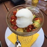 Vegan lemon sorbet on tomato- avocado salad at Gasthaus Zum Anker in Efringen-kirchen