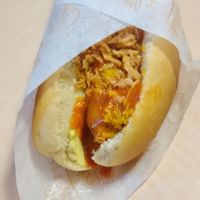 Homemade hotdog with pumpkin chutney, mayo and ketchup at Velo Vege Food Bike in Toulouse
