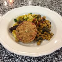 sesame seed coated tofu pattie and two salads at Let Them Eat - Central Market in Adelaide