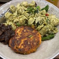 Sweet potato and kimchi fritter with onion jam and pesto pasta salad  at Let Them Eat - Central Market in Adelaide