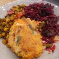 Sweet potato fritter with chickpea salad and beetroot salad at Let Them Eat - Central Market in Adelaide
