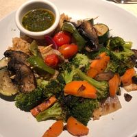 Veggie Kabobs over rice with side of roasted veggies! at Zoës Kitchen in Bluffton