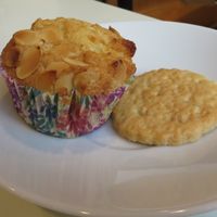 Almond muffin and "Koloutsche Dezfuli" biscuit with caraway and rose water (both vegan) at Philo Cafe in Saarbrucken