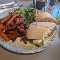 Avocado, pepper and vegan feta ciabatta at Jute Cafe Bar  in Dundee