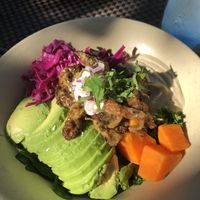 healthy bowl with porkless cracklings  at Charly's Vegan Tacos - Food Truck in Tulum