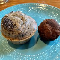 Strawberry muffin and chocolate truffle (both did not like)  at Curcuma in El Chalten
