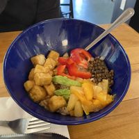 Jamaican Bowl- Tofu in a Jamaican Jerk Sauce, Lentils served over Rice with Tropical Salsa, Peppers, Onions & Avocado  #Veganuary at Root in Lancaster