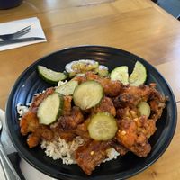 Nashville- Seasoned dredged Cauliflower served over Rice topped with a Nashville Hot Sauce and Vegetables  #Veganuary at Root in Lancaster