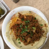 Hummus with vegan shawarma  at Hummus Eliyahu - Yokneam in Yokneam