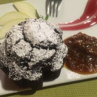 Dark chocolate muffin with strawberry-mint heart  at Fior di Cucuzza in Matera