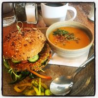 Vegan burger and soup at Blue Star Diner in Calgary