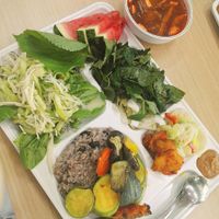 the darker green leafy veg with the gochugaru on top...a must!! at Seoul National University Vegan Buffet 서울대학교 채식뷔페 in Seoul