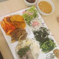 tteokbokki, mock meat, pumpkin (?) Pajeon  at Seoul National University Vegan Buffet 서울대학교 채식뷔페 in Seoul