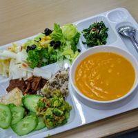 Pumpkin porridge (the tastiest of all the porridge they make), white kimchi and tons of other veggies at Seoul National University Vegan Buffet 서울대학교 채식뷔페 in Seoul