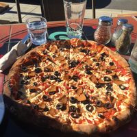  daiya cheese,tofurkey pepperoni, black olives  at Solstice Pizza in Hood River