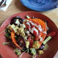 Very delicious starter salad with pumkin, tofu, mushrooms,... at Bloem in Amsterdam