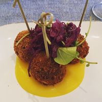 Vegan starter of black bean bon bons  at Danu Restaurant - Brehon Hotel in Killarney