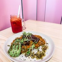 Vegan ‘mince’ on toast with a side of tofu and vitality juice.  at Seize in Wellington