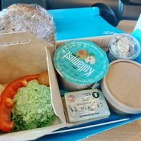 Breakfast in 1 class. Pea "hummus", vegan cheese, vegetables, butter, soygurt, muesli, jam, bread, coffe. at SJ - Swedish Railways in Stockholm