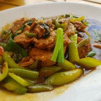 Vegan basil stir fry with mock meat at Aroydee in Frankfurt