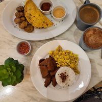 Chickpea omelette and tapa, tofu scramble with rice at Green Bar in Makati