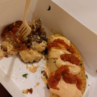 What was left of my sauce-covered chickpea omelete and potatos. at Green Bar in Makati