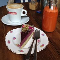 vegan pie with a carrot juice jum at By Lima in Haarlem