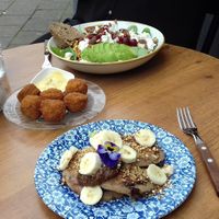 Vegan pancakes and bitterballen (vegetarian salad in the back) at By Lima in Haarlem