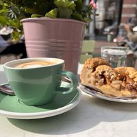 Cappuccino with pea milk and vegan apple pie  at By Lima in Haarlem