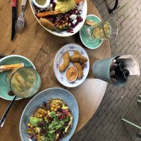 Mango hummus, eastern salad and avocado chips!  Oh, and ginger tea!  at By Lima in Haarlem