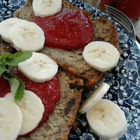 banana bread with fresh raspberries at By Lima in Haarlem