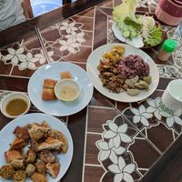 Wide selection of fried items, rice, and prepared food at Guan Im in Chiang Mai