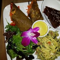 tonight's dinner sampler: curry rolls, brownie, zucchini noodles, caesar salad at 118 Degrees in Tarzana