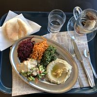 Delicious and filling salad plate: beets, carrots, tabouli, chumus and Israeli salads. at The Quarter Cafe in Jerusalem