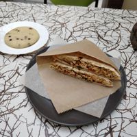 Tofu omelet and chocolate chip cookie at VegBurger in Yekaterinburg