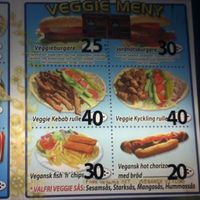 The vegan menu.

If I'm hungry, I usually get the vegan chicken wrap with garlic sauce - it's sooo good. The hot chorizo in bread is good for a quick snack, if you're planning on eating within the next couple of hours. at Jalla Jalla  in Malmo