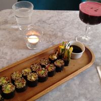 maki rolls and delicious beetroot espresso drink at Redemption - Shoreditch in East London