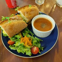 Balsamic Veggie baguette with added Avocado and tomato soup at Lingua World Cafe in Osaka