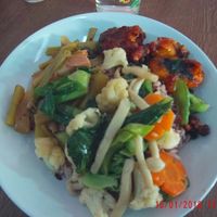 Rice with vegetables, mock fried meat and Vegan curry at Vegan House in Chanthaburi