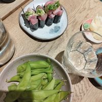 Edamame and radish sushi in the back at Youmiko Vegan Sushi - Hoża in Warsaw