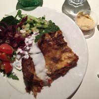 Vegetable lasagne with salad and yoghurt dressing at Kruska in Reykjavik