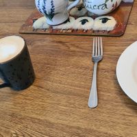 Vegan sausage roll and two Café lattés with oatmilk at Food 4 Thought in Galway