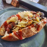 Vegan sausage in a baguette at Herbee's Garden Cafe in Hahndorf