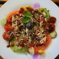 Colourful tomatoes with hemp nut zarella, salad and fig balsamico at Alge in Moenchengladbach