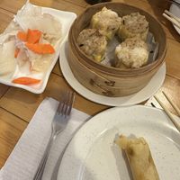 Fermented Cabbage, Sticky Rice Shu Mai & half of one of the Veggie Spring Roll  at Taiwan Noodle in Albany