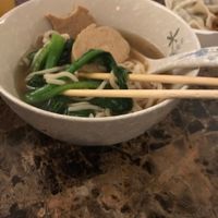 Vegan “chik’n” in mushroom broth with mustard greens. So delicious! at Taiwan Noodle in Albany
