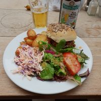 Thai Burger and fried new Potatoes Vegan version at The Garden in Frome